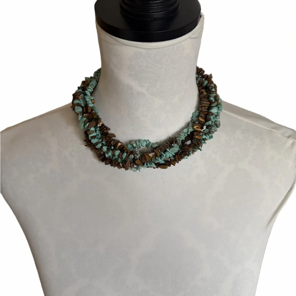 Turquoise & Tiger’s Eye Chip Bead Multi-Strand Necklace & Bracelet | Boho